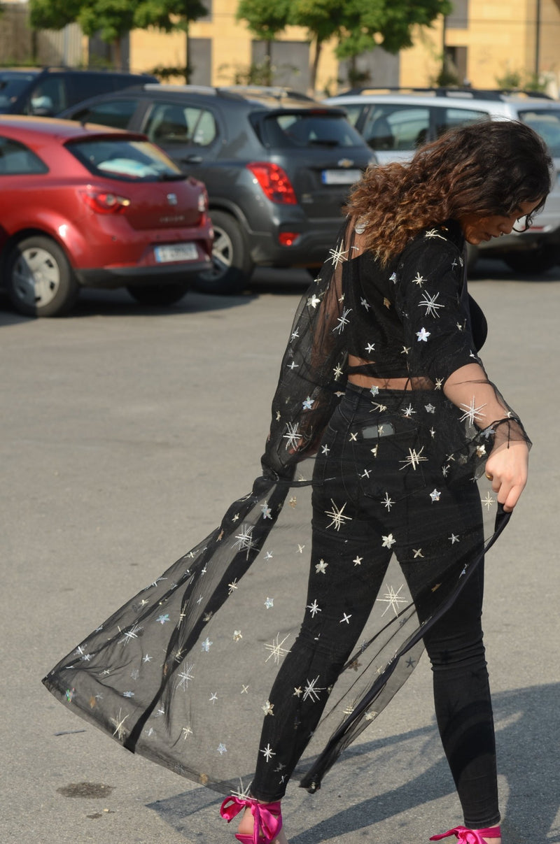 Long Tulle Jet Black luxury abaya